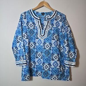 Talbots Blue‎ Boho Medallion Tunic Top 2XP Cotton Blouse